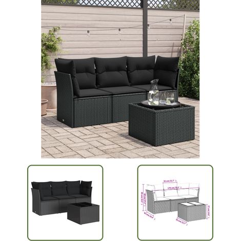 The Living Store 4-tlg. Garten-Sofagarnitur mit Kissen Schwarz Poly Rattan - Gartenmöbel Set - PE-Rattan Möbel - Outdoor Sofa - Esstisch - Lounge Garnitur (1/3)