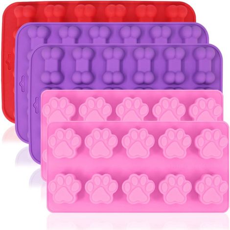 Ensemble de 5 moules en silicone (rose, violet, rouge) - Forme patte de chien et os - Moule de qualité alimentaire - Réutilisable - pour la confection de gâteaux, chocolats ou friandises (1/5)