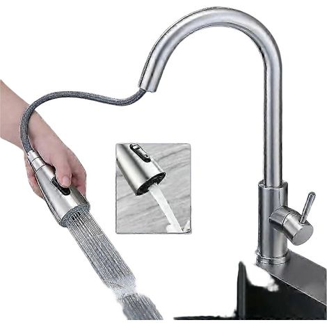 Robinet de cuisine en acier inoxydable SUS304 avec douchette pivotante à 360° et extensible, 3 jets, finition nickelée, pour évier