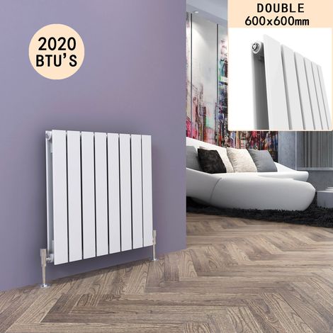 ELEGANT 600 x 600 mm White Designer Radiator Horizontal Column Double Flat Panel Radiator Heater + White Thermostatic Radiator Valves (1/5)