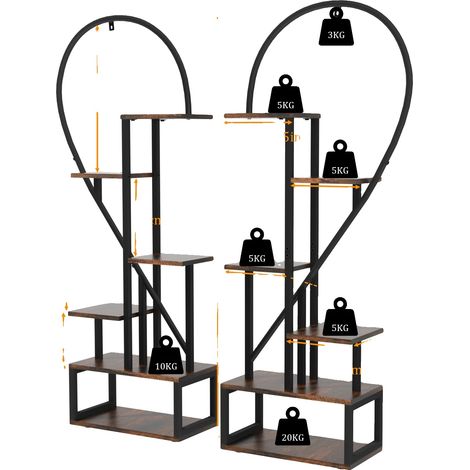 Soporte para plantas, diseño de medio corazón, expositor de 6 niveles, negro. (1/2)