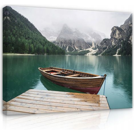 Peinture bateau lac montagne sur toile Murale 120x80 (1/3)