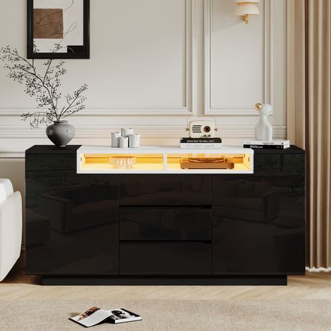Buffet 140x40x68 cm en bois noir, avec rangement moderne pour salon FloraGrace (1/5)