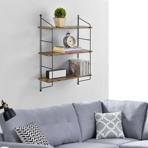 Estantería de pared Ösel con 3 estantes estructura de acero 64 x 48 x 15 cm - Efecto madera tono oscuro [en.casa]