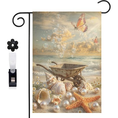 Drapeau de jardin bienvenue 30 x 45 cm motif coquillages et perles naturelles toile double face (1/5)