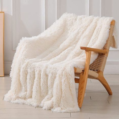 Reversible faux fur bed throws, super soft fleece blanket for sofa, bed, couch, travel, nursery, 130 x 160 cm, beige (1/5)