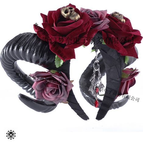 Gothic rose devil ram horn headband Halloween skull ram horn headdress is a killer cosplay/comic convention hair accessory (1/3)