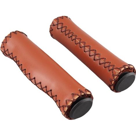 Puños para manillar de bicicleta de montaña, 1 par, puños de PU antideslizantes marrones con tapas protectoras. (1/5)