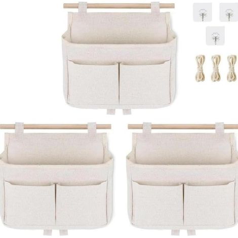 Ein Set aus 3 Aufbewahrungsbeuteln aus Baumwolle und Leinen, die hinter einer Tür oder an einer Wand aufgehängt werden können und sich zur Aufbewahrung von Spielzeug, Kleidung und Kleinteilen eignen (