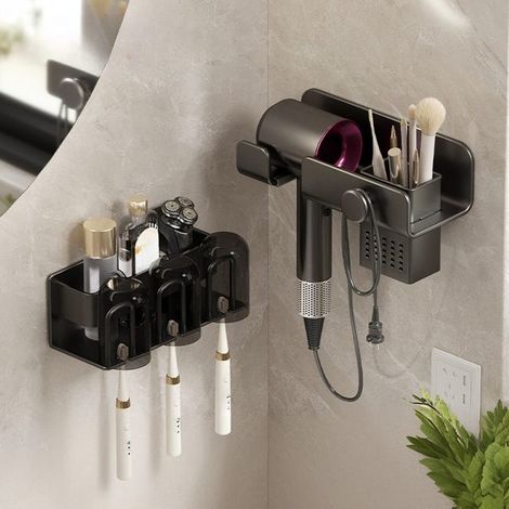 Wandhalterung für Haartrockner und Zahnbürsten – Multifunktionaler schwarzer Organizer für 3 Personen, 24 x 11 x 8 cm