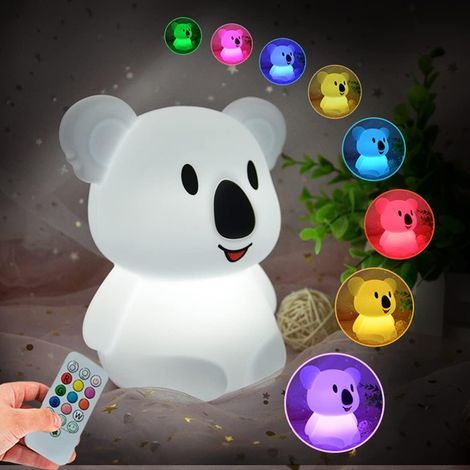 Lámpara de noche infantil con forma de koala, lámpara de mesita de noche de silicona / lámpara de cama infantil / brillo y color ajustables, controles táctiles y mando a distancia. (1/5)