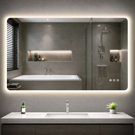 Badspiegel mit Beleuchtung, 100x60cm LED Bad Spiegel mit Antibeschlag, 3 Lichtfarben, Dimmbar, Speicherfunktion, IP44, Rückbeleuchtung für Badezimmer, WC, Flur (1/5)