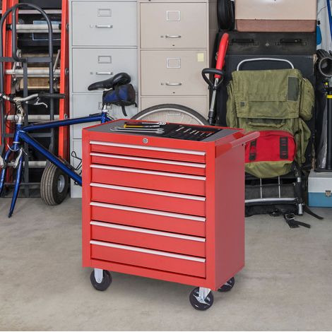 Carro de taller de acero rojo con 7 cajones, con cierre de llave, 69 x 33 x 75 cm (1/5)