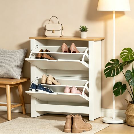 Mueble zapatero estrecho con 2 puertas abatibles, 72 x 26 x 80 cm, madera clara y blanco OKMYHOME (1/5)