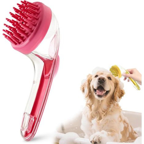 Brosse de bain 5 en 1 pour chien distributeur de shampoing manche acier brosse toilettage silicone améliorée rouge (1/5)