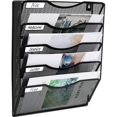 Organizador de archivos de pared de malla con 5 bolsillos, carpeta de escritorio colgante, revistero, contenedor clasificador de correo Incluye etiqueta de identificación, color negro