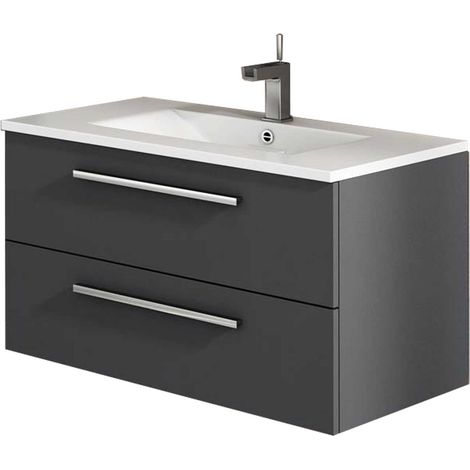 Meuble de salle de bain suspendu 80 cm – Plan vasque en céramique blanche – Finition anthracite mat – Dimensions (L)80 x (P)45 x (H)60 cm – Mennza