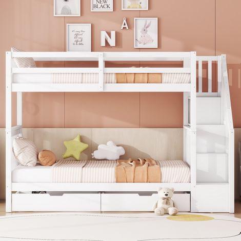 Letto a castello, ripiano per scale, dotato di due cassetti, ringhiera alta, 90200 cm, bianco (1/5)