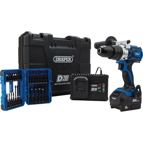 Draper D20 20V Brushless Cordless Combi Drill and Impact Screwdriver Set with 4.0Ah Battery and 26-Piece Bit Kit (1/2)