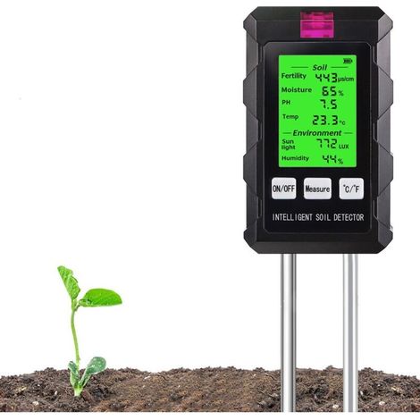 Testeur Sol 6-en-1 - Humidité pH Température Lumière Fertilité Air - Pour Jardin Agriculture Plantes - 56 x 44 x 230 mm Noir (1/5)