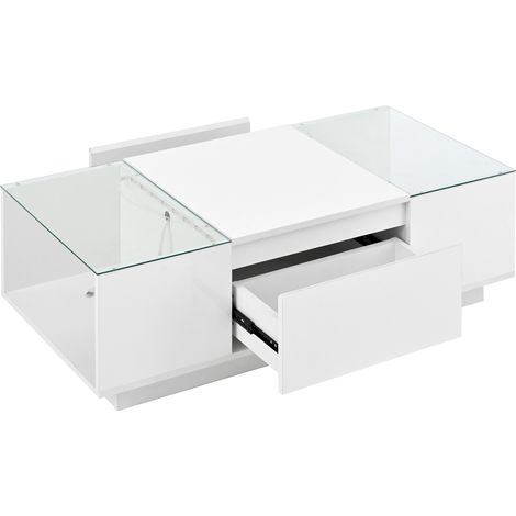 Moderner Wohnzimmertisch 105 cm weiß hochglänzend mit LED, Glasplatte und 2 Schubladen (1/5)