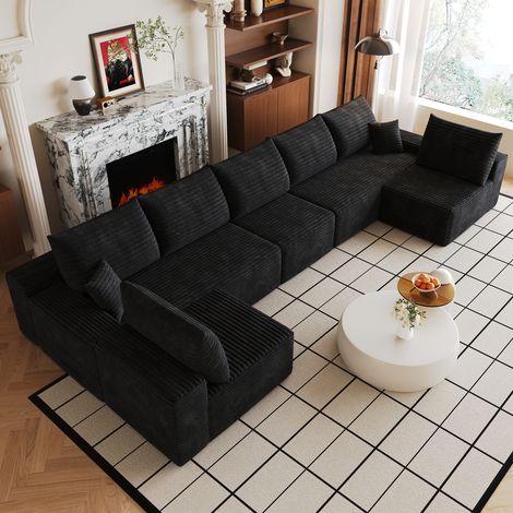 Canapé d’angle modulaire sans ressorts 425 cm avec méridienne en L, canapé moderne à assise profonde, sans montage, pour salon chambre appartement, noir (1/5)