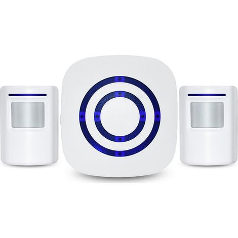 Alarma de control de acceso con timbre inalámbrico, cerradura de puerta para tiendas, detector de movimiento con sensor, para tiendas y hogares, 2 transmisores, 1 receptor, blanco (1/5)