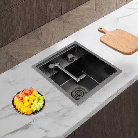 Évier de cuisine pour sous-plan - Lavabo invisible peu encombrant avec couvercle - Évier en acier inoxydable avec robinet pliable - 1 bac encastrable - Pour cuisine, bar, caravane - Noir (1/5)