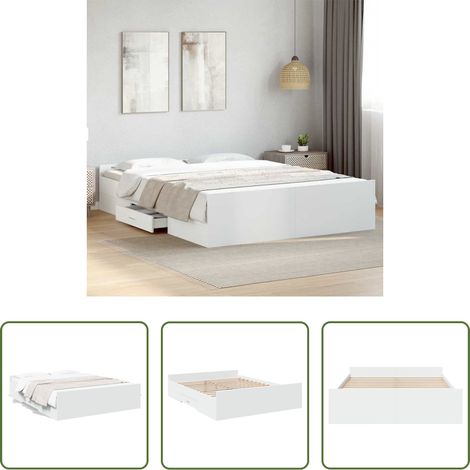 vidaXL Bois d'ingénierie -  Cadre de lit avec tiroirs sans matelas blanc 160x200 cm (1/5)