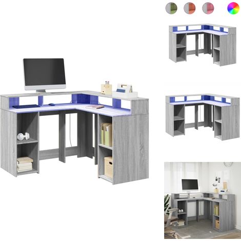 Bureau et lumières LED sonoma gris 130x130x91cm bois ingénierie - Bureau - Bureaux - Bureau D'ordinateur - Bureau D'étude (1/5)