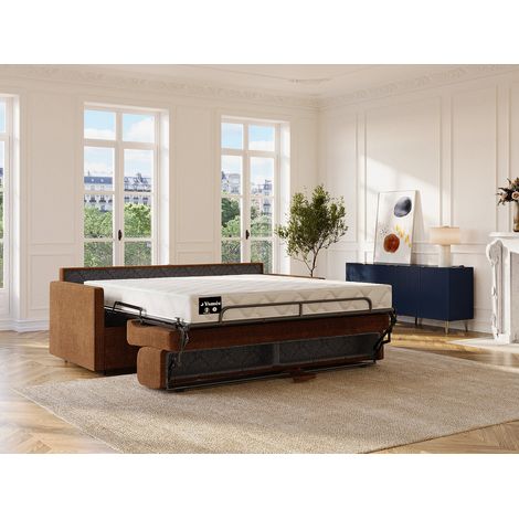Canapé 2 places convertible express en tissu terracotta - Couchage à lattes larges 120 cm - Matelas 18 cm CALIFE (1/4)