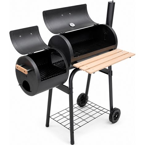Barbecue A Carbone Con Affumicatore Laterale BBQ Con Termometro Integrato Griglie Cromate Ripiano E Maniglie Griglia In Legno Ruote Per Giardino Patio Terrazzo 109.5 x 59 x 116 Cm Nero (1/5)