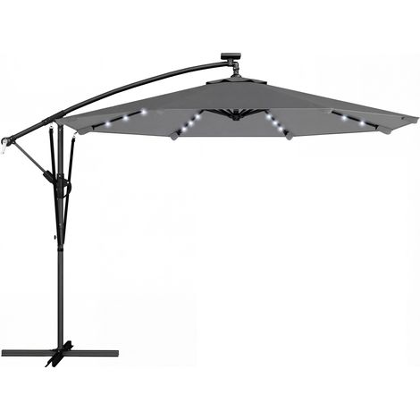 Parasol Déporté Parasol de Jardin LED Solaire 32 Lampes LED Manivelle UV 50+ et Housse de Protection Ø 295cm Gris (1/5)