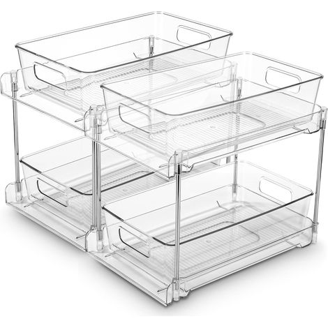 Organisateurs sous Évier 2 Niveaux, Lot de 2 Coulissant, Rangement et Organisation Polyvalente de Cuisine, Transparent