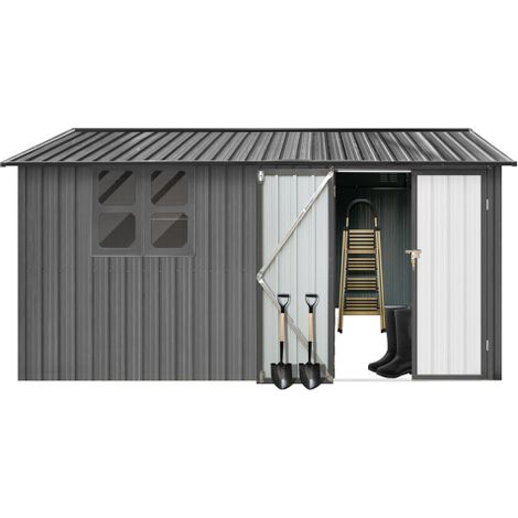 Abri de jardin en métal 10m² gris avec serrure et fenêtre. Cabanon de rangement extérieur toit double pente résistant aux intempéries.