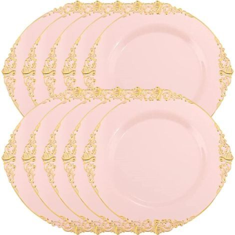 10 assiettes à salade/plats jetables rondes en plastique rose poudré de 20 cm (8 pouces) avec bordure baroque dorée en relief, pour décorations de fêtes et événements.