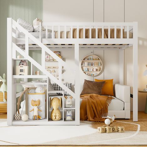 Lit superposé 140x200cm, lit Mezzanine 140x200cm, lit superposé pour Enfant avec rangements, escalier, barrières de lit antichute, Bois Massif, sans Matelas, Blanc (1/5)