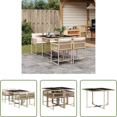 Gartentisch - 5-tlg. Garten-Essgruppe mit Kissen Beige Poly Rattan (1/5)