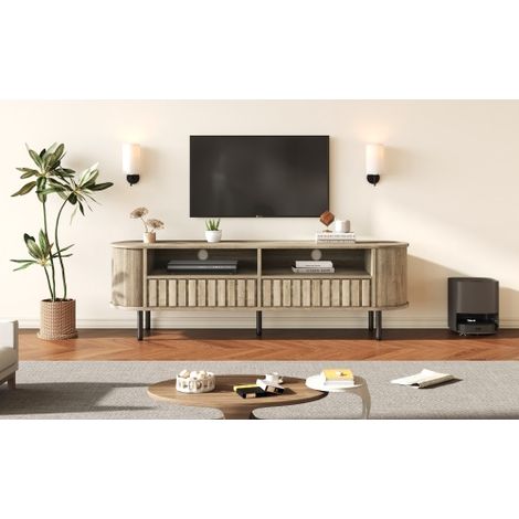 Meuble TV / Buffet bas — Unité de rangement pour salon (comprend deux tiroirs)  Finition aspect bois naturel  Structure en MDF  Meuble TV  Structure de support à cinq pieds  Adapté aux téléviseurs jus