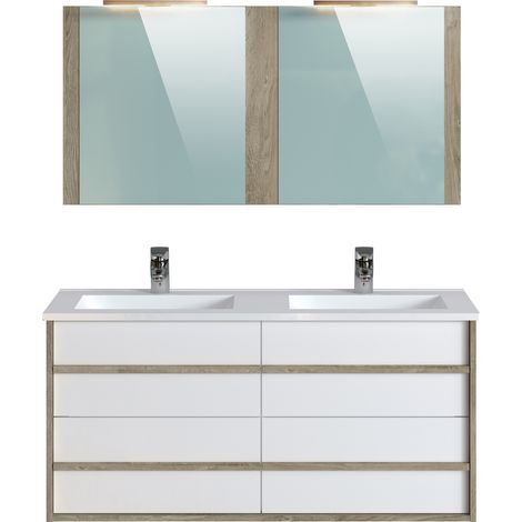 Meuble de salle de bain en mélamine coloris chêne / blanc - Longueur 122 x profondeur 46 x Hauteur 58 cm -PEGANE- (1/4)