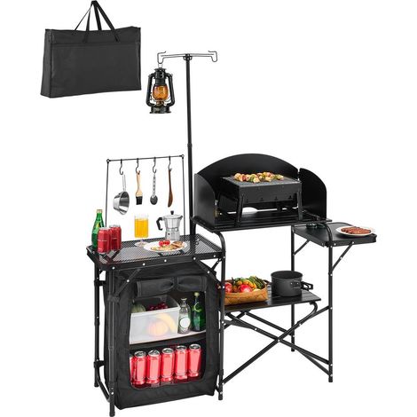 Cuisine de Camping Pliable Meuble de Rangement Barbecue Extérieur Comptoir Aluminium avec Pare-Brise Noir T2974 (1/5)