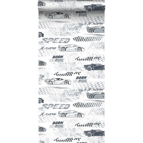 Papier peint intissé voitures de course noir et blanc – Dimensions 50 x 900 cm – Raccord sauté – Impression écologique – Facile à poser