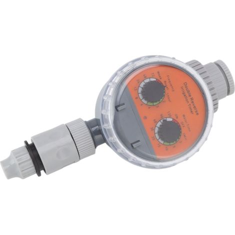 Temporizador de riego automático sin presión con doble dial y válvula de bola, resistente al agua con clasificación IP67, para patios y balcones.