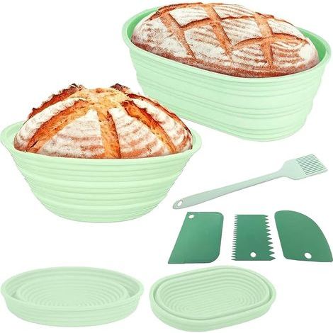2 Pièces Banneton à Pain Pliables, Ronds 22cm et Ovales 26cmPanier à Pain Silicone pour Prouver Pain & Pâte, Corbeille Fermentation Pain Pliable Cuisine Maison avec 3 Spatules et 1 Pinceau à Huile (1/5)
