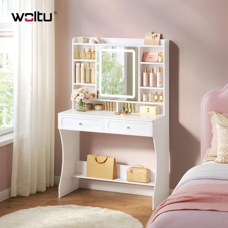WOLTU Tocador, tocador de maquillaje con espejo y luz ajustable, tocador que ahorra espacio con 2 cajones, 8 compartimentos abiertos y armario, moderno, blanco