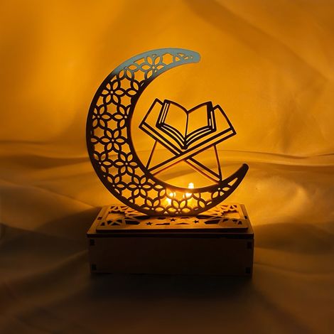 Lámpara de noche de madera en forma de media luna para Eid y Ramadán, LED, (madera natural) (1/5)
