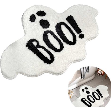 Tapis de bain Halloween - Tapis de bain - Tapis de bain antidérapant - Tapis d'entrée - Forme fantôme - Antidérapant - Blanc - 50 cm x 80 cm - Décoration de salle de bain - Absorbant et lavable (1/5)