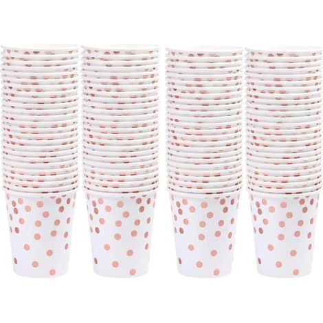 Lot de 100 gobelets jetables en papier à pois or rose, 26 cl, parfaits pour Noël, un mariage, un anniversaire ou toute autre fête. (1/5)