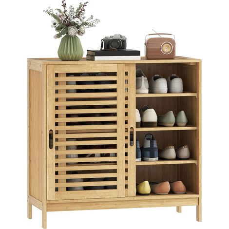 Meuble à chaussures avec 2 portes coulissantes à lattes et étagères réglables pour 16 paires de chaussures, 80x35x80 cm, naturel. (1/5)