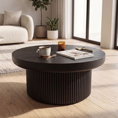 Mesa de centro redonda - 78 x 78 x 38,5 cm - tablero grueso con diseño de parqué estilo mid-century, base cilíndrica acanalada - mdf, madera maciza - negro (1/5)